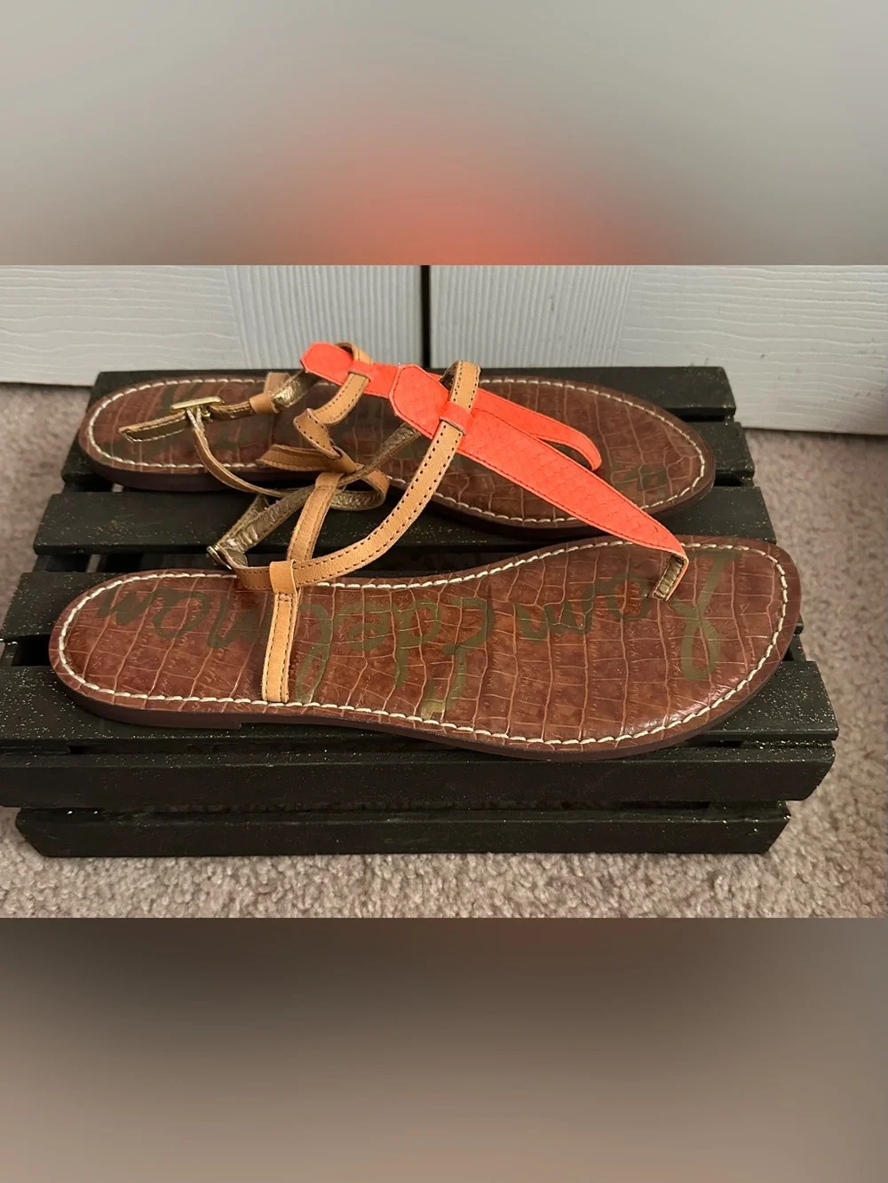Sam Edelman Women's Orange and Tan T-Strap Sandals